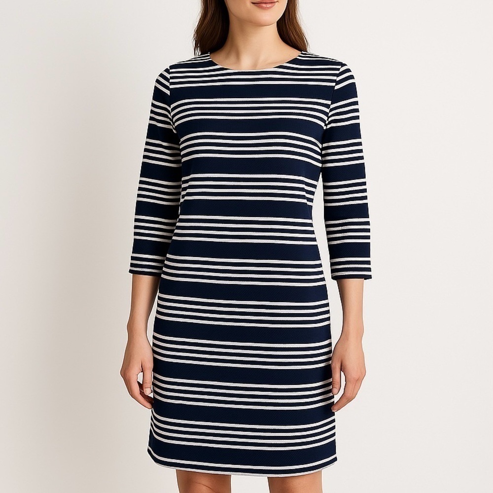 Banana Republic Dress Cotton Structured 3/4 Sleeve White & Black/Navy Stripe 8